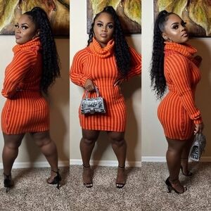 Orange Striped Turtleneck Sweater Dress